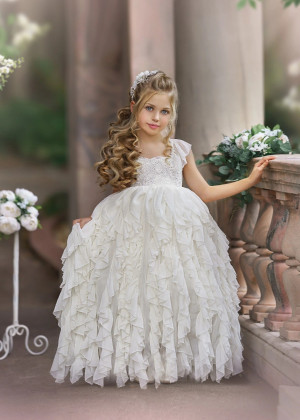 Beaded Ivory Lace Wrinkled Chiffon Ruffled Flower Girl Dress